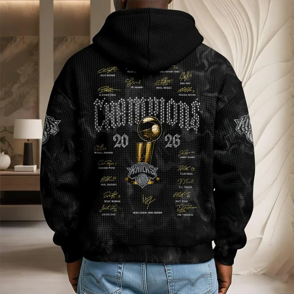 New York Knicks 2026 NBA Finals Champions 3D Unisex Waffle Hoodie - Image 5