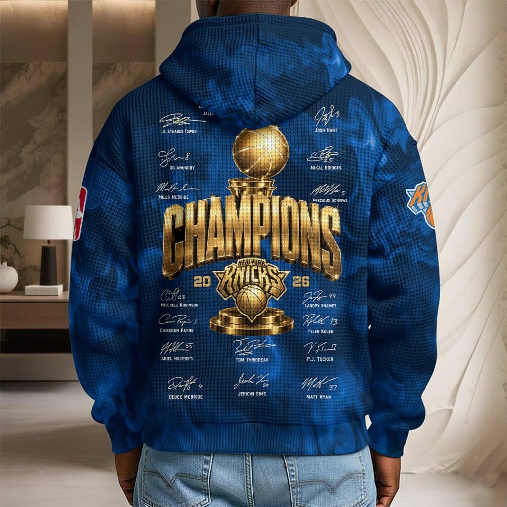 New York Knicks 2026 NBA Finals Champions 3D Unisex Waffle Hoodie - Image 2